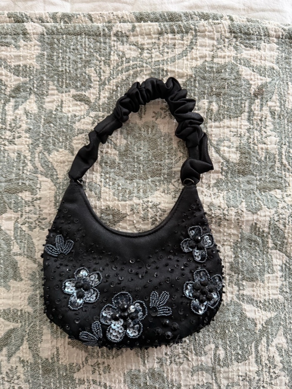 Black Embellished Floral Shoulder Bag